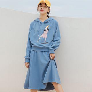 Set: Hooded Printed Sweatshirt + Drawstring Plain Skirt