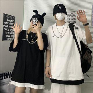 Couple Matching Short-sleeve Chain-accent Mock Two-piece T-shirt
