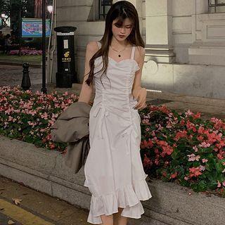 Plain Blazer / Spaghetti-strap Ruffled Hem Midi A-line Dress