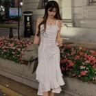 Plain Blazer / Spaghetti-strap Ruffled Hem Midi A-line Dress