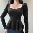 Long Sleeve Square-neck Ruffled-hem Velvet Top