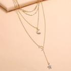 Moon & Star Rhinestone Pendant Layered Necklace Gold - One Size