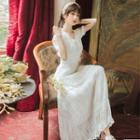 Short-sleeve V-neck Chiffon Maxi A-line Dress