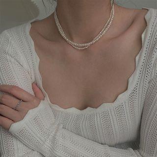 925 Sterling Silver Faux Pearl Layered Necklace