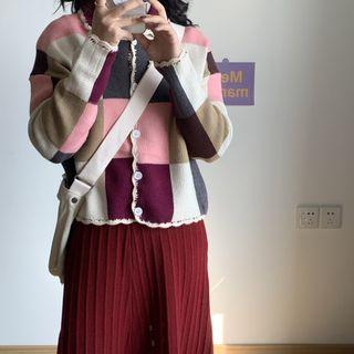 Scallop Edge Plaid Collared Cardigan / Midi A-line Knit Skirt