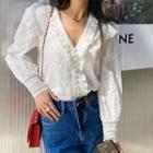 Embroidered V-neck Ruffle Blouse