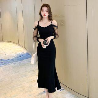 Long-sleeve Cold-shoulder Mesh Panel Midi Mermaid Sheath Dress