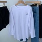 Smiley Face Embroidered Distressed Hem T-shirt White - One Size