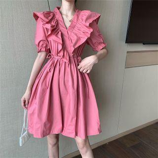 Short-sleeve Frill Trim Drawstring-waist Mini A-line Dress