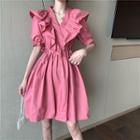 Short-sleeve Frill Trim Drawstring-waist Mini A-line Dress