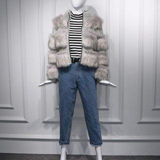 Faux Fur Zip Jacket / Striped Sweater / Washed Jeans / Faux Leather Belt