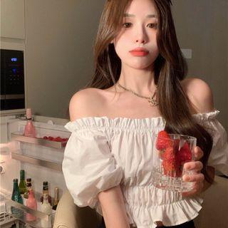 Off Shoulder Plain Ruffle Cropped Blouse White - One Size