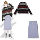 Striped Sweater / Drawstring Knit Skirt
