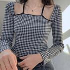 Mock Two-piece Long-sleeve Checked Crop Top Gingham - Black & White - One Size