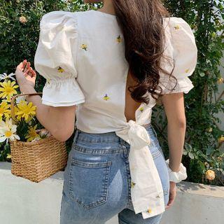 Puff-sleeve Floral Embroidered Open-back Blouse