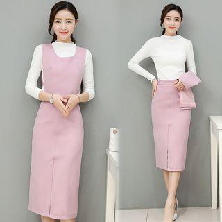 Set: Mock Neck Long-sleeve Knit Top + Vest + Pencil Skirt