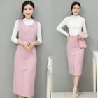 Set: Mock Neck Long-sleeve Knit Top + Vest + Pencil Skirt