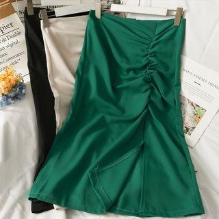 Slit-front Ruched Midi Skirt