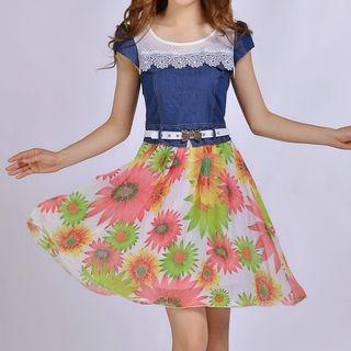 Denim Panel Floral Print Short-sleeve A-line Dress