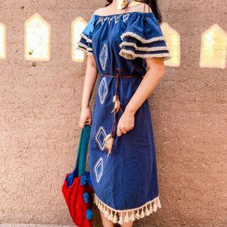 Embroidered Off-shoulder Midi Shift Dress