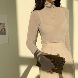 Turtle-neck Slim-fit Sheer Top Beige - One Size