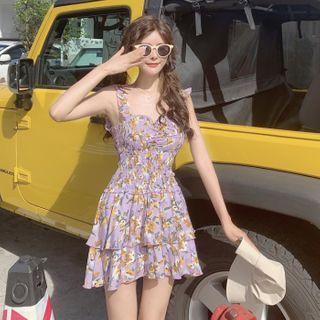 Spaghetti Strap Floral Print A-line Mini Dress Purple - One Size