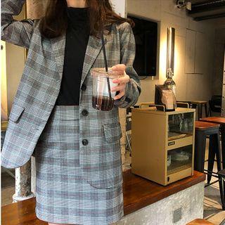 Set: Plaid Single Breasted Blazer + A-line Skirt