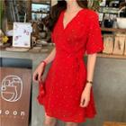 Floral V-neck Short-sleeve Slim-fit Dress Red - One Size