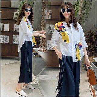 Set: 3/4-sleeve Graphic Shirt + Wide-leg Cropped Pants