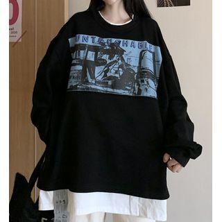 Long-sleeve Printed Mock Two-piece Top