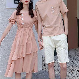 Couple Matching Elbow-sleeve T-shirt / Shorts / Layered A-line Dress / Set