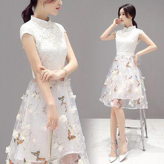 Lace Panel Flower Applique A-line Dress