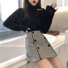 Plain Cutout Turtle-neck Sweater / Houndstooth Skirt
