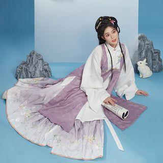 Plain Hanfu Blouse / Flower Embroidered Vest / Flower Print Maxi A-line Skirt