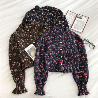Floral Crewneck Single-breasted Long-sleeve Blouse