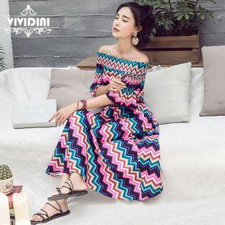 Off-shoulder Chevron Stripe Midi A-line Dress