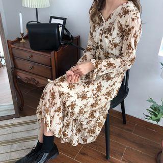 Floral Print Long-sleeve Midi Crinkle Dress