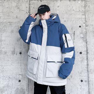 Long-sleeve Letter Printed Color Block Hooded Jacket