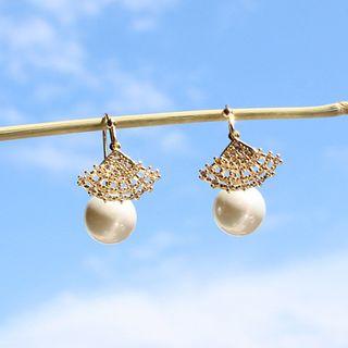 Faux Pearl Rhinestone Swing Earring 1 Pair - Hand Fan & Faux Pearl - One Size