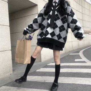 Long-sleeve Shirt / Tie / Argyle Knit Sweater / Mini Skirt / Set