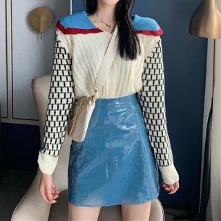 Plaid Panel Cardigan / Faux-leather A-line Skirt
