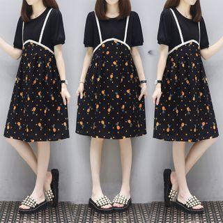 Short-sleeve Pineapple Print Panel Midi A-line Dress