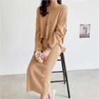 Set: V-neck Cardigan + Rib-knit Skirt