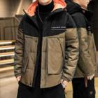 Color Block Lettering Hooded Zip-up Down Jacket