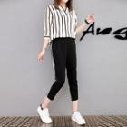 Set: Striped V-neck 3/4-sleeve Blouse + Striped Cropped Pants