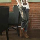 High-waist Distressed Applique Straight-cut Jeans