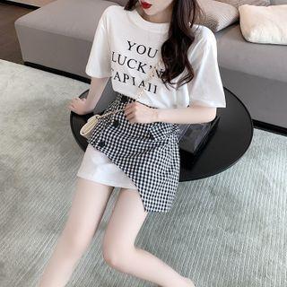Lettering Long T-shirt / Irregular Plaid Front-button Skirt