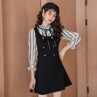 Balloon-sleeve Lace Trim Double-breasted A-line Dress