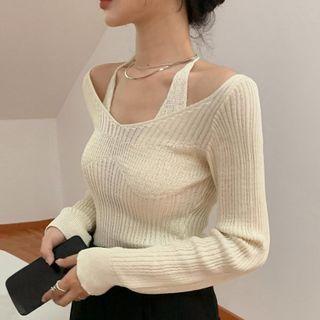 Cold-shoulder Halter Mock Two-piece Knit Top