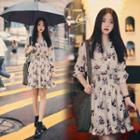 Smoked-waist Floral Mini Dress Beige - One Size
